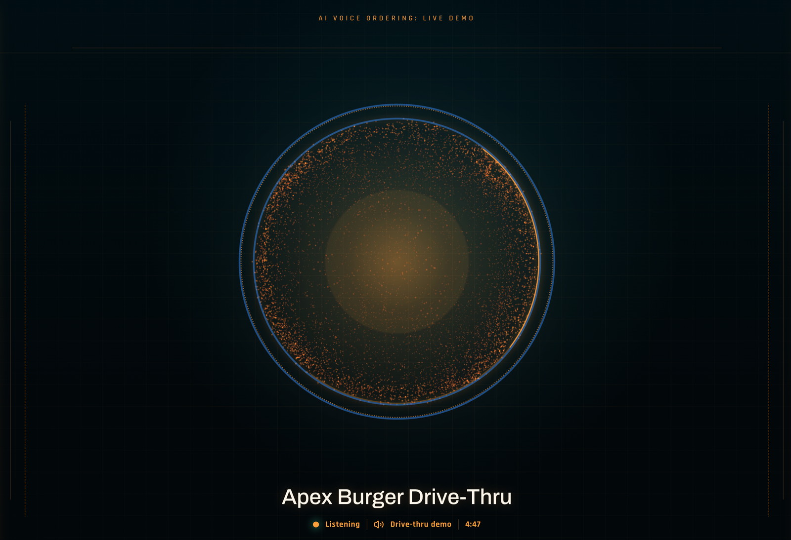 Apex Burger drive-thru HUD: the ember particle orb listening for an order, live session countdown running